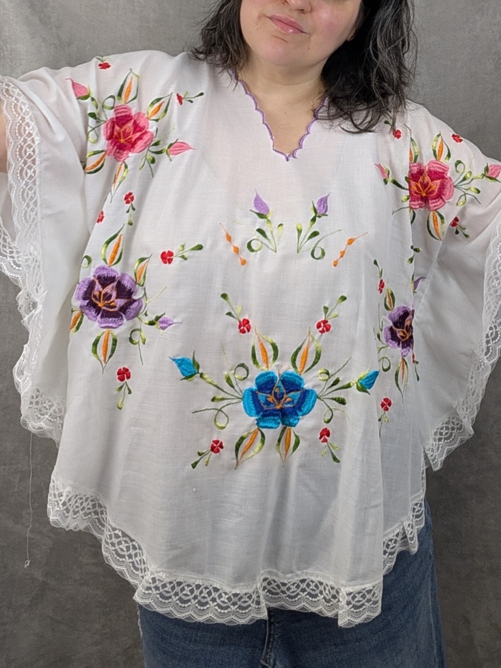Vintage 70s Floral Embroidered Cotton Top OSFM Boho Hippie Chic
